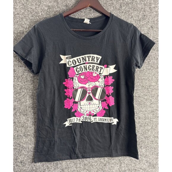 Country Concert 2016 Womens T-Shirt Size M Black Skull Floral Graphic - Picture 1 of 9